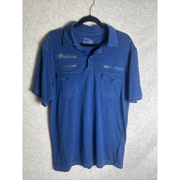 Other - Vertical Sport Mens Blue Slub Knit Polo Shirt Double Chest Pockets Zipper XL